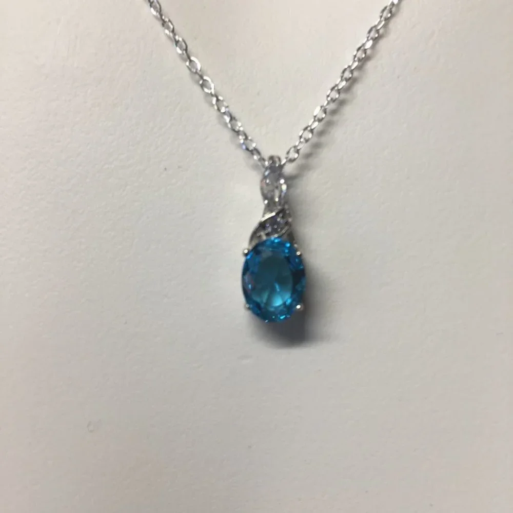 CZ Cubic Zirconia Aqua Drop Pendant Sterling Silver Necklace -18 inches